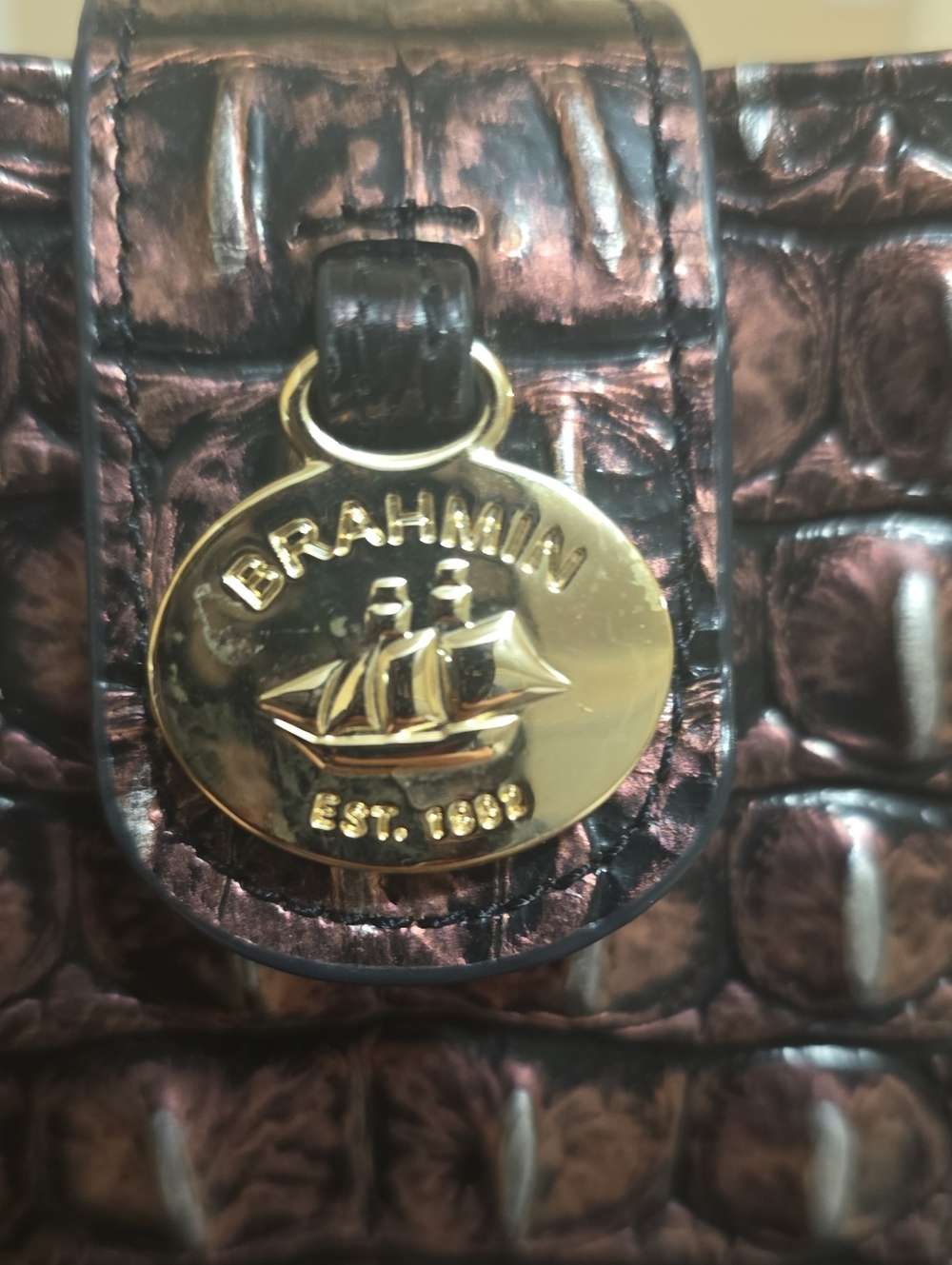 Brahmin Metallic Brown Croc-Embossed Crossbody with Gold Medallion